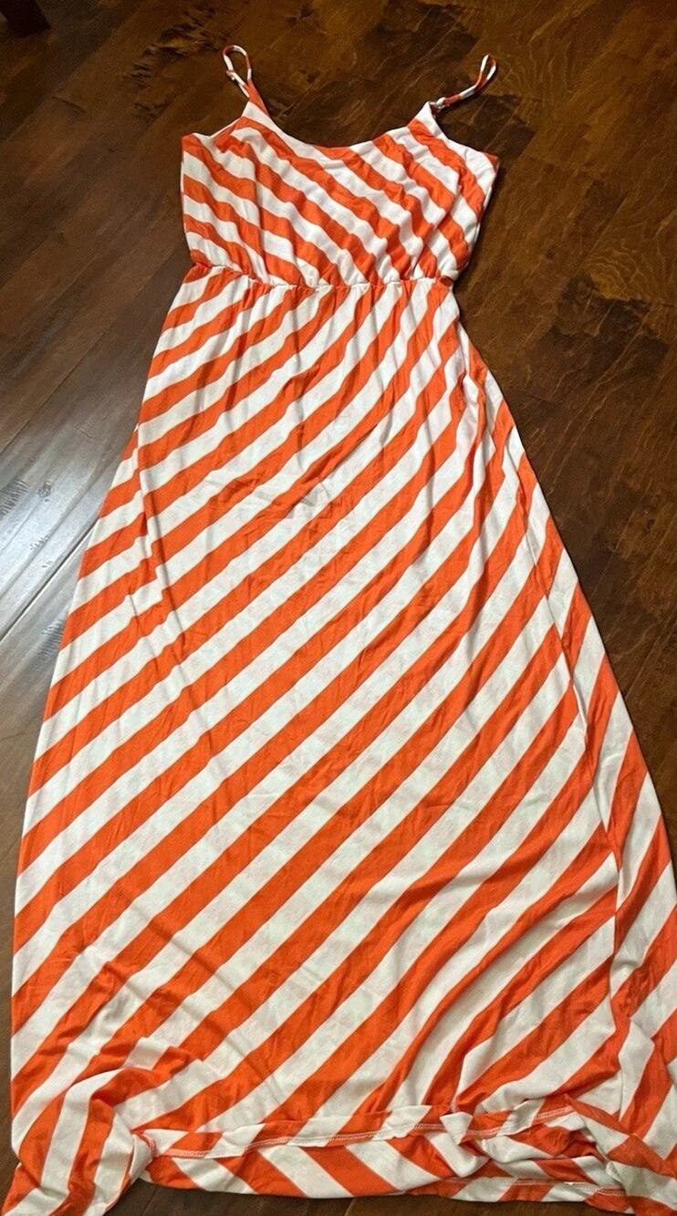 Espresso Orange/White Striped Size M Maxi Dress Scoop Neck Strappy Sleeveless